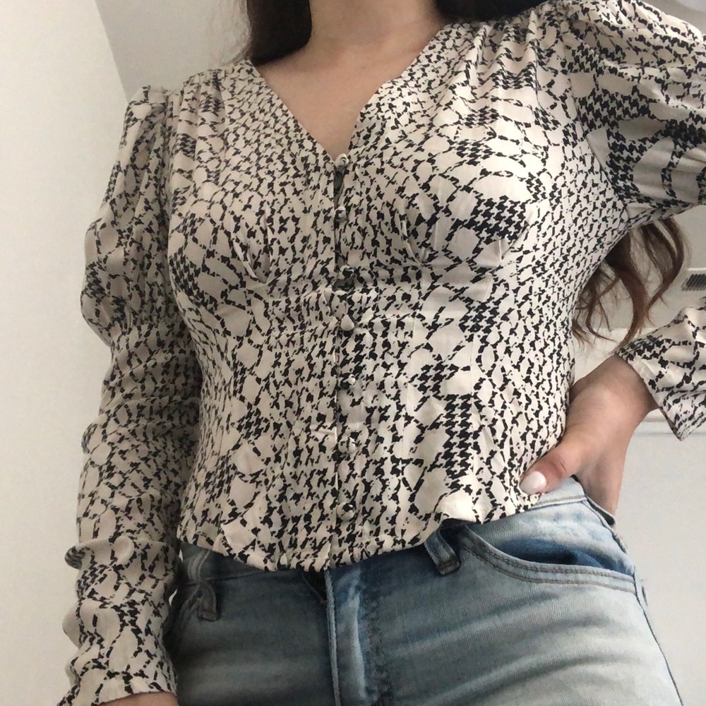 Free People Cream and Black print Blouse